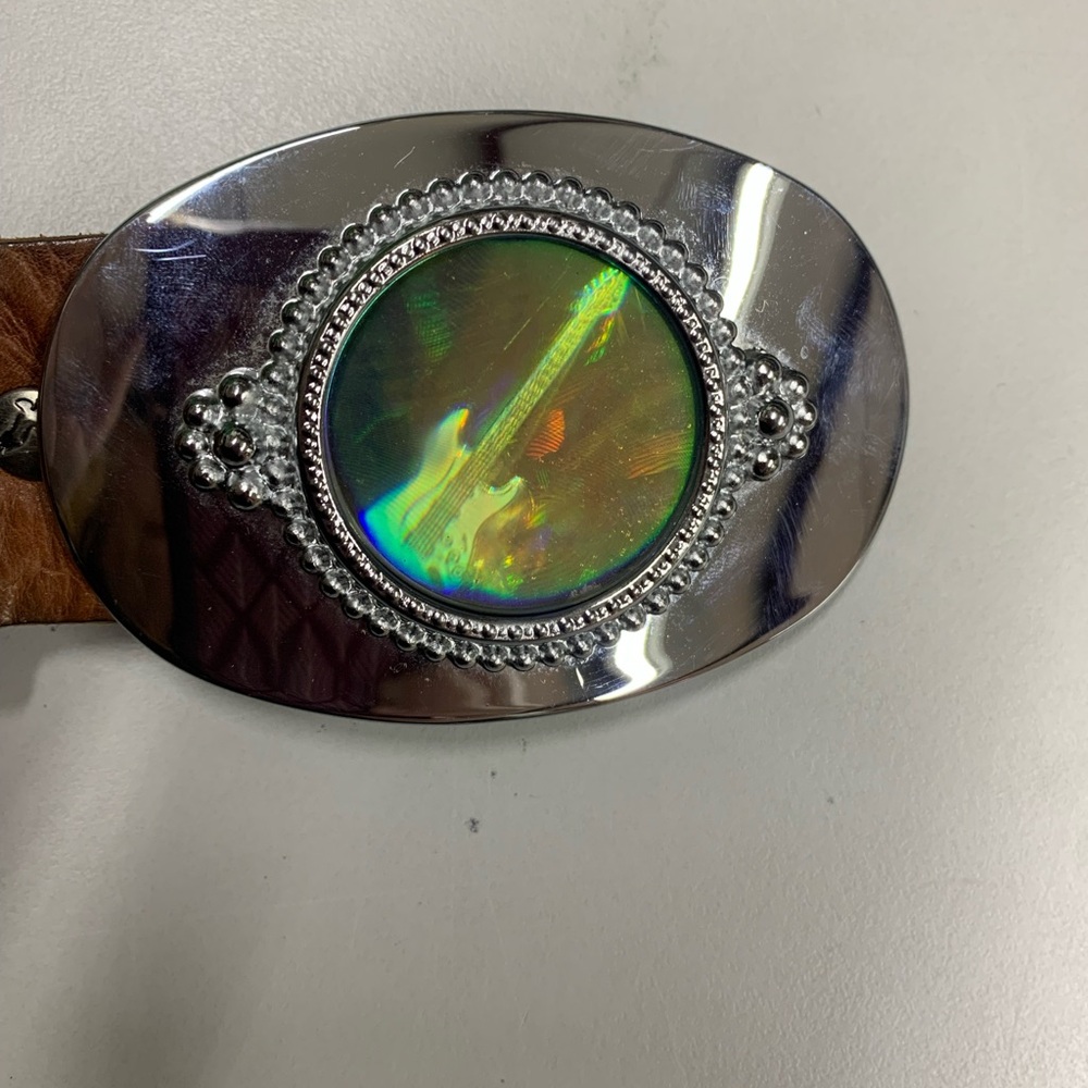 Silver Belt Buckle with Holographic Guitar Design